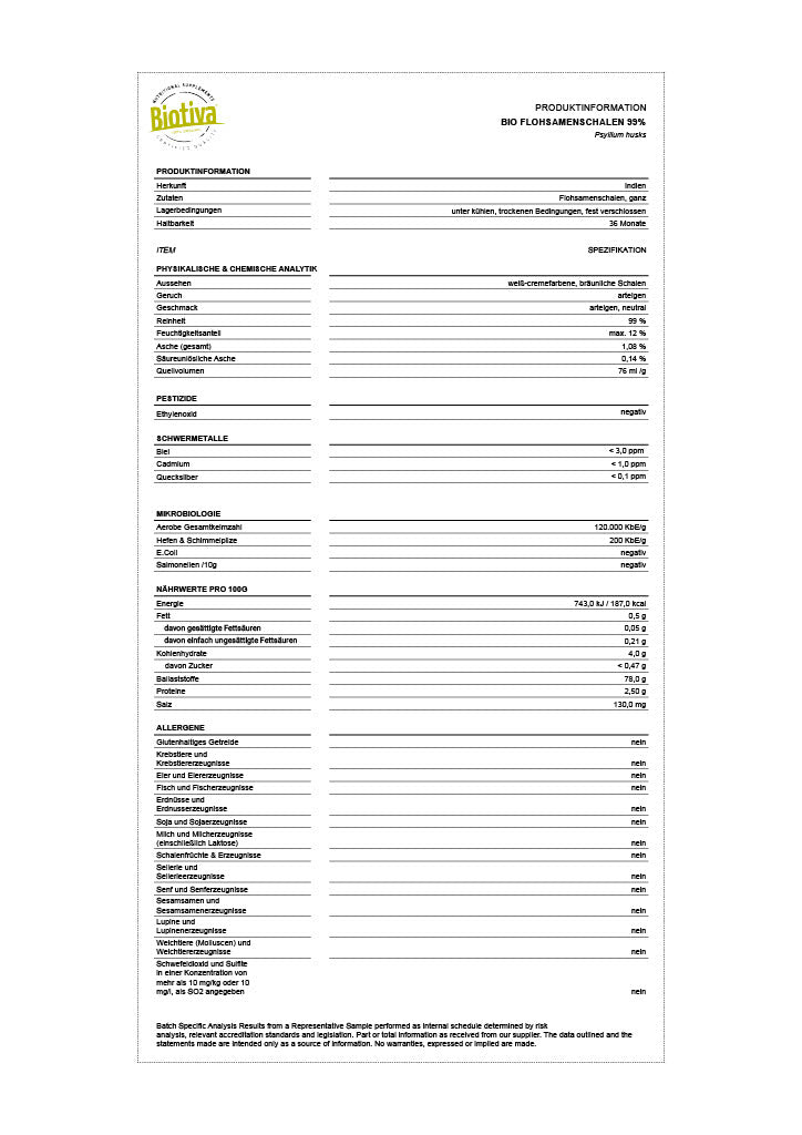 Flohsamenschalen 99% Rein Ganz Bio