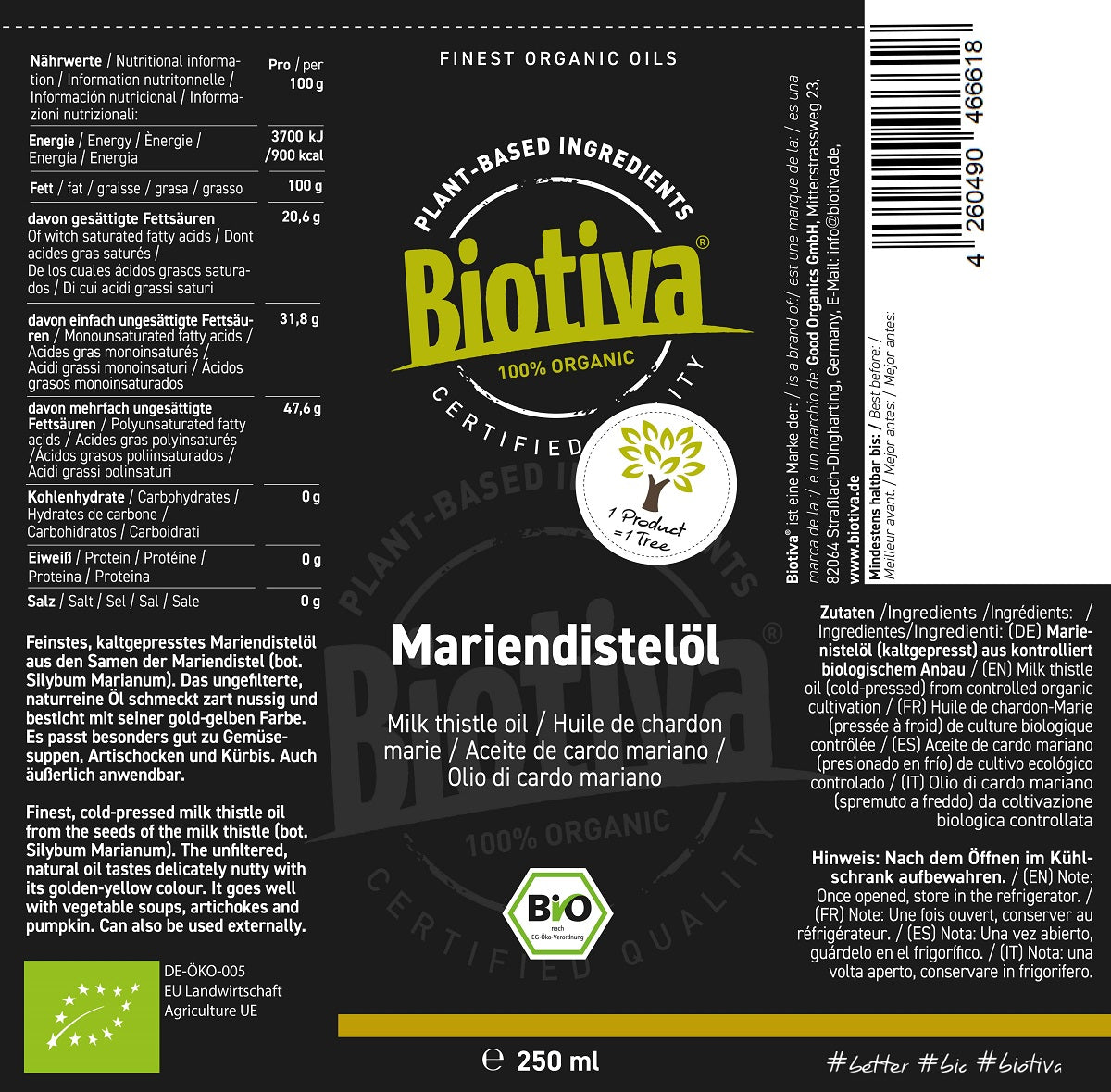 Mariendistelöl kaltgepresst Bio 250ml