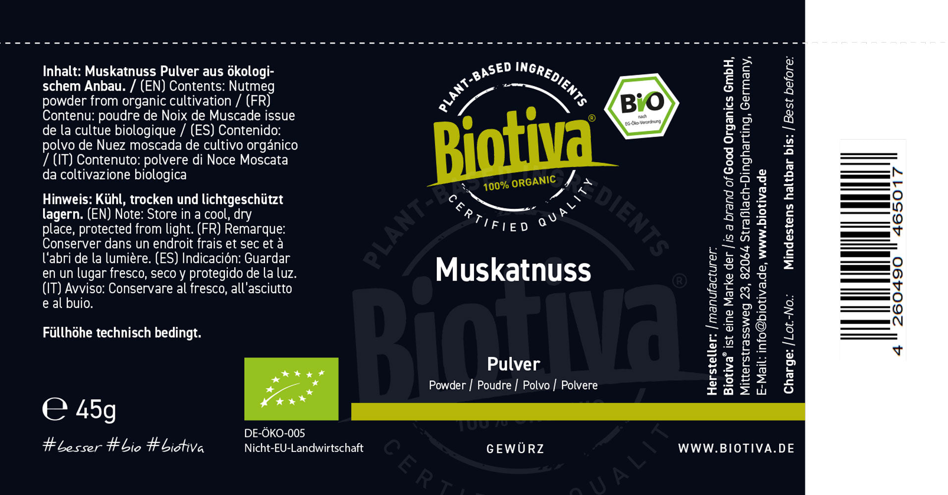 Muskatnuss gemahlen im Glasstreuer Bio 45g