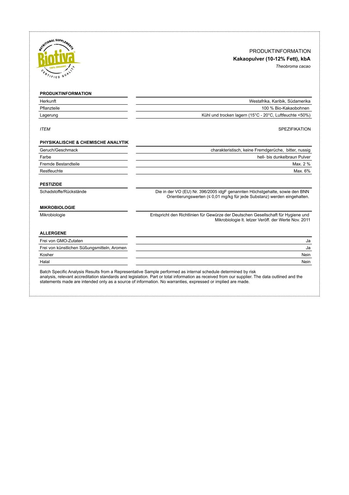 Kakao Pulver stark entölt Bio