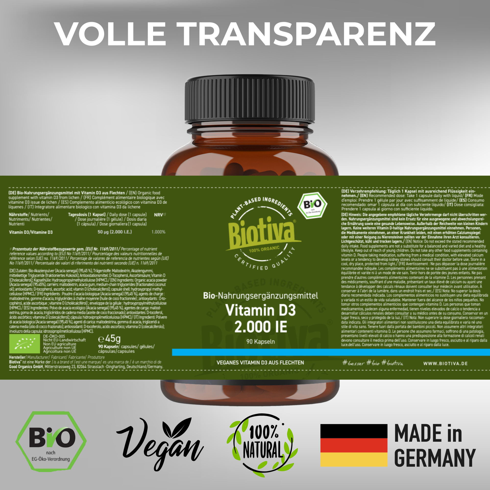 Bio Nahrungsergänzungsmittel mit Vitamin D3 2.000 IE 90 Kapseln